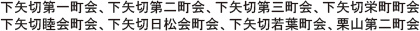 下矢切第一町会、下矢切第二町会、下矢切第三町会、下矢切栄町町会、下矢切睦会町会、下矢切日松会町会、下矢切若葉町会、栗山第二町会